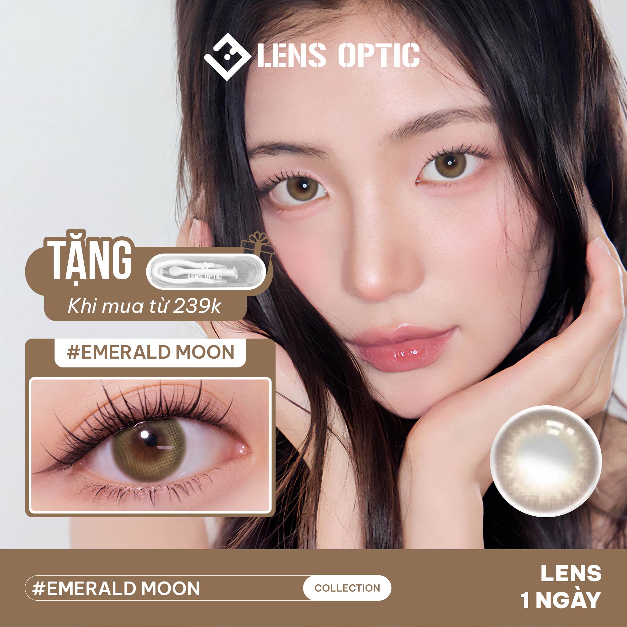 Kính áp tròng 1 ngày Clalen Emerald Moon, Lens Màu Xanh Ngọc Cho Mắt Cận