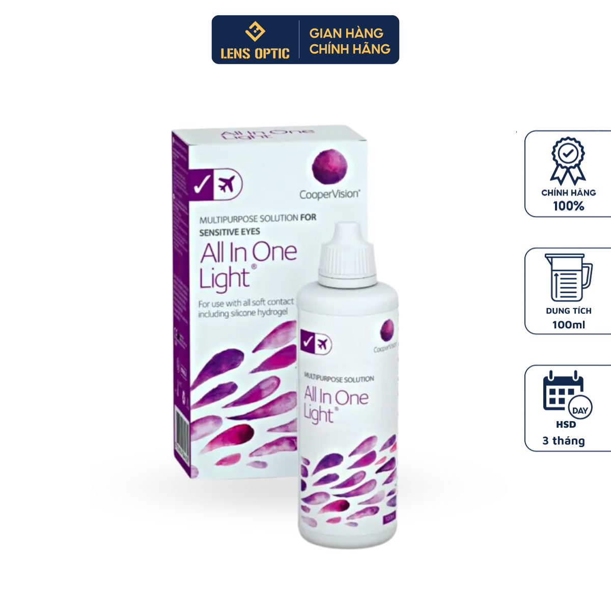 Nước ngâm kính áp tròng cho mắt nhạy cảm All In One 100ml, nước ngâm lens - Lens Optic