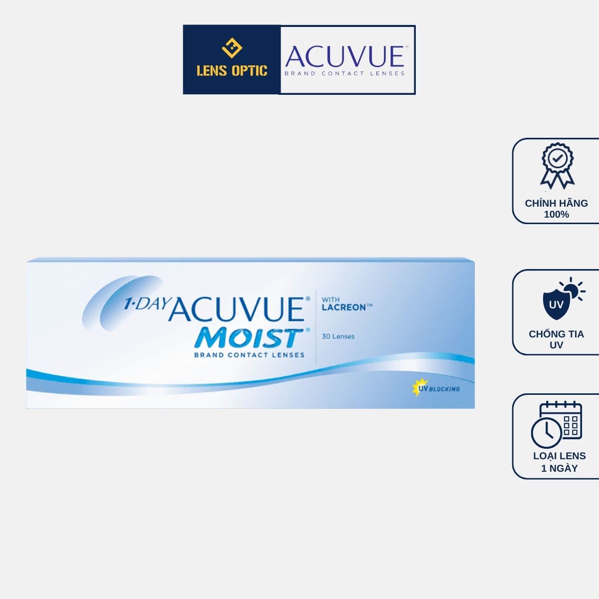 [30 Lens] Kính áp tròng ACUVUE 1Day Moist, lens mắt trong suốt có độ cận - Lens Optic