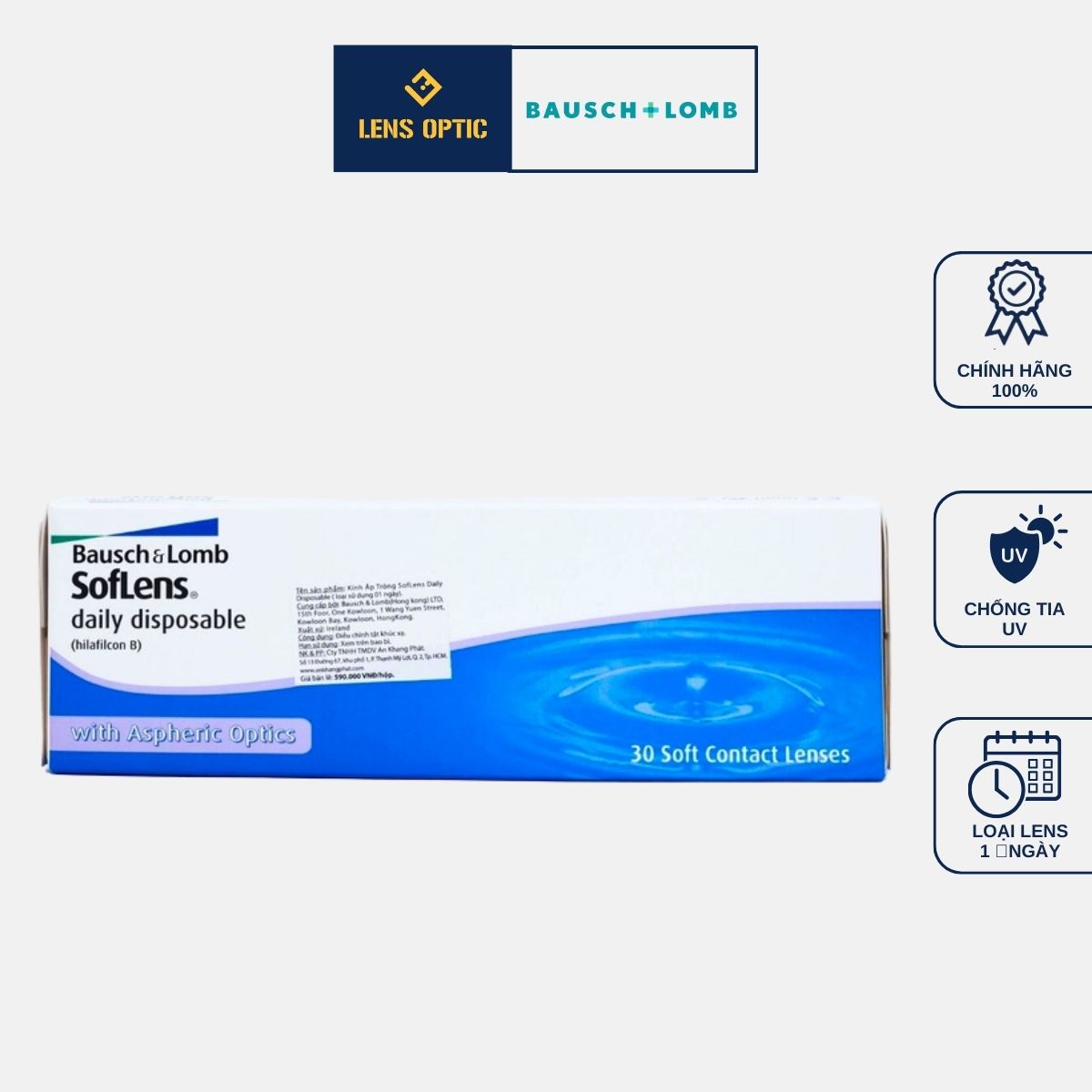 [30 Lens] Kính áp tròng Bausch Lomb dùng 1 ngày không màu
