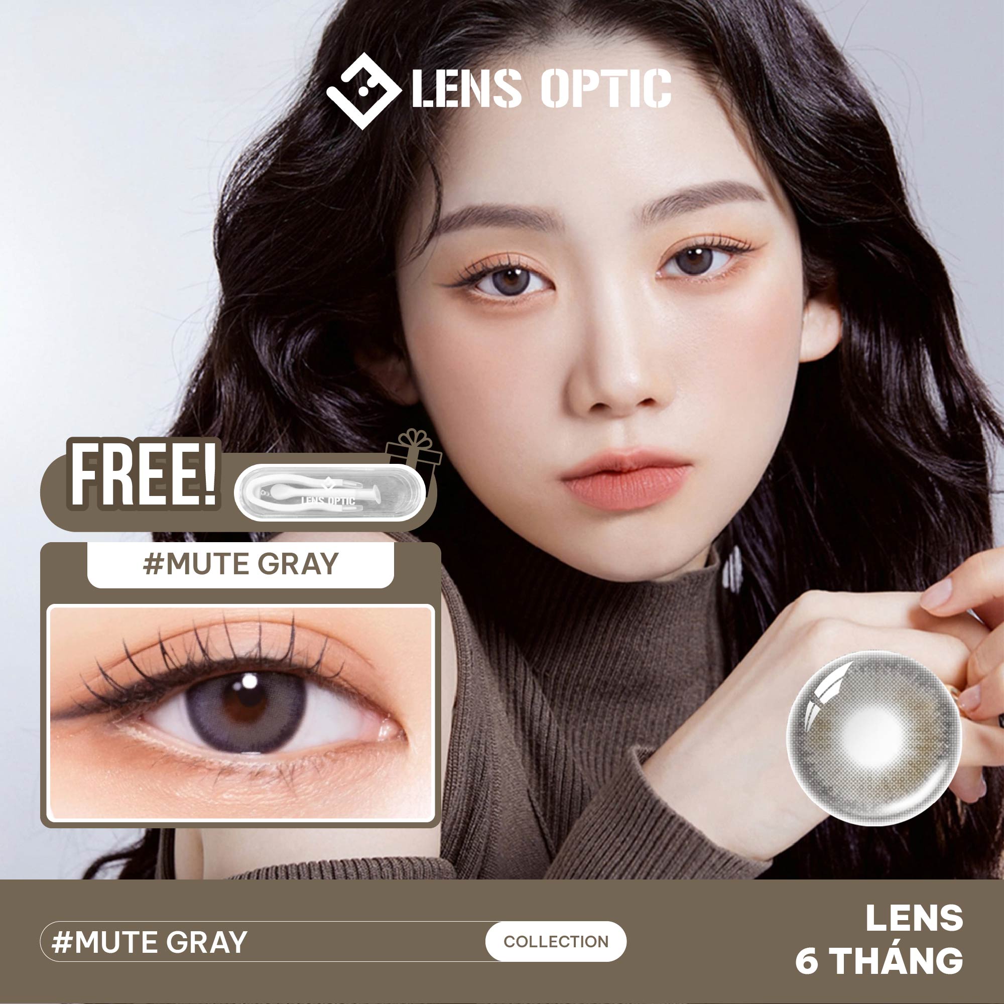 Kính áp tròng 6 tháng màu Mute Gray, Lens Xám Trầm Chính Hãng