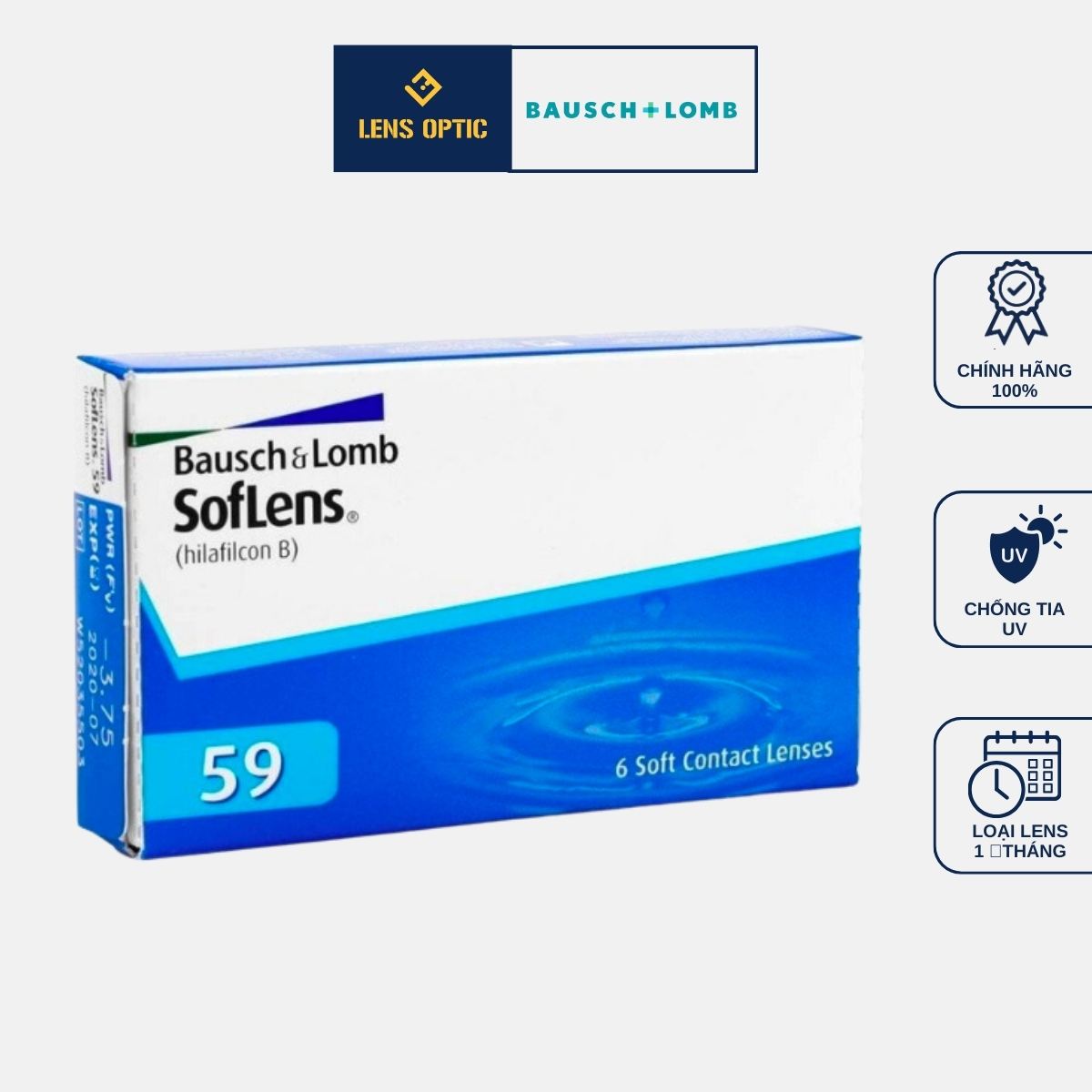 Kính áp tròng Bausch&Lomb dùng 1 tháng không màu, lens mắt trong suốt có độ cận- Lens Optic