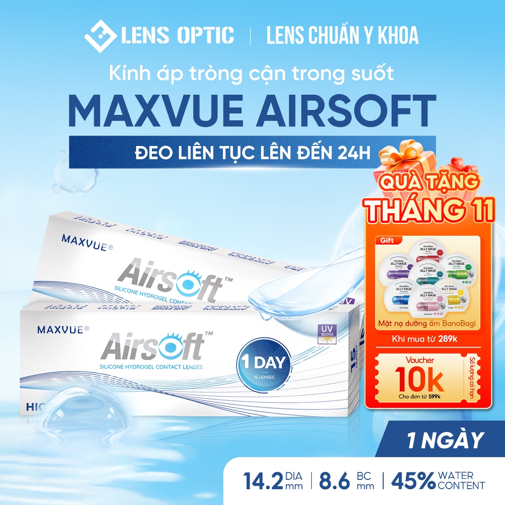 Kính Áp Tròng 1 Ngày Không Màu Maxvue Airsoft 1 Day, Lens Trong Suốt, Dùng 1 Lần