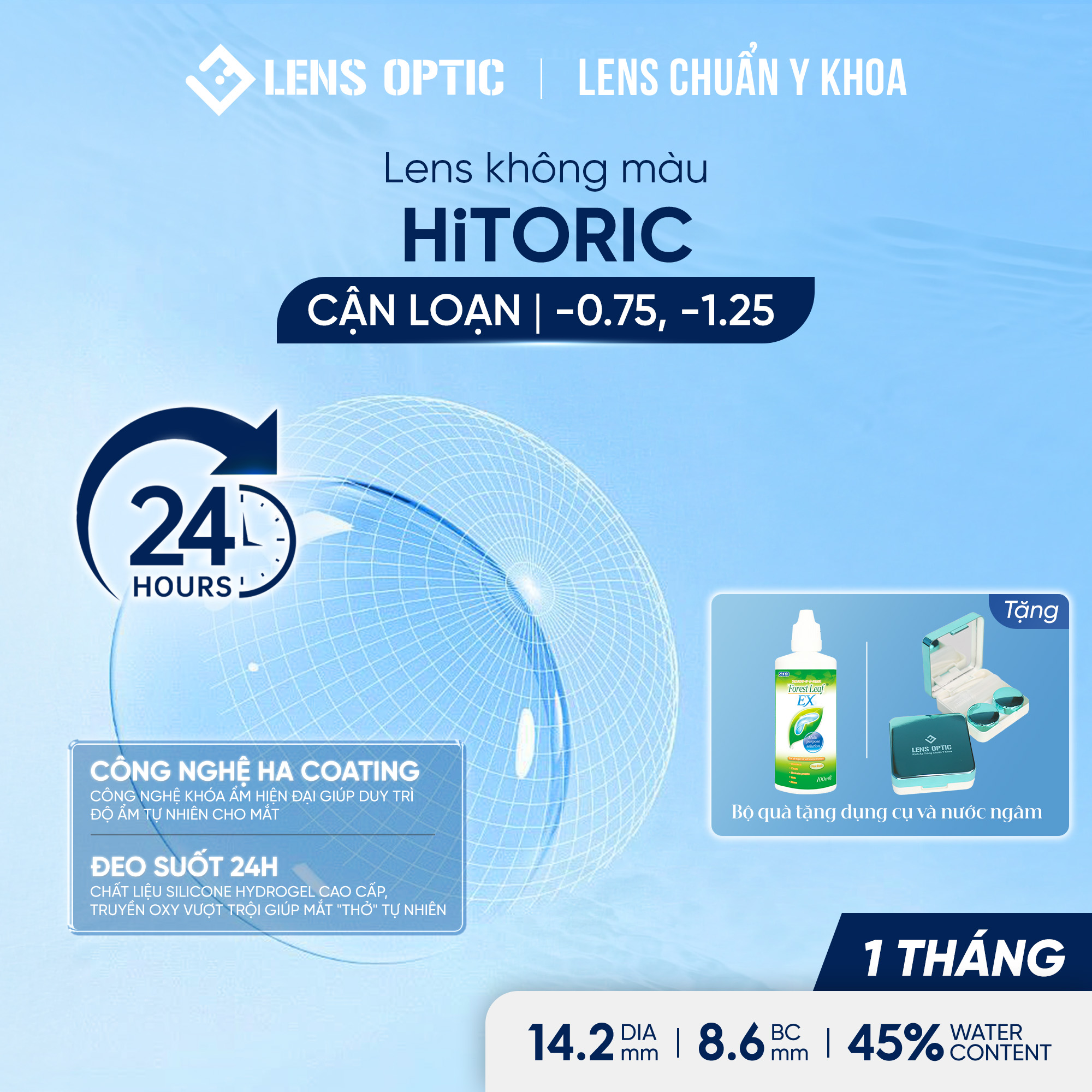Kính áp tròng cận loạn 1 tháng HITORIC, lens mắt trong suốt Chính Hãng, Bền Đẹp