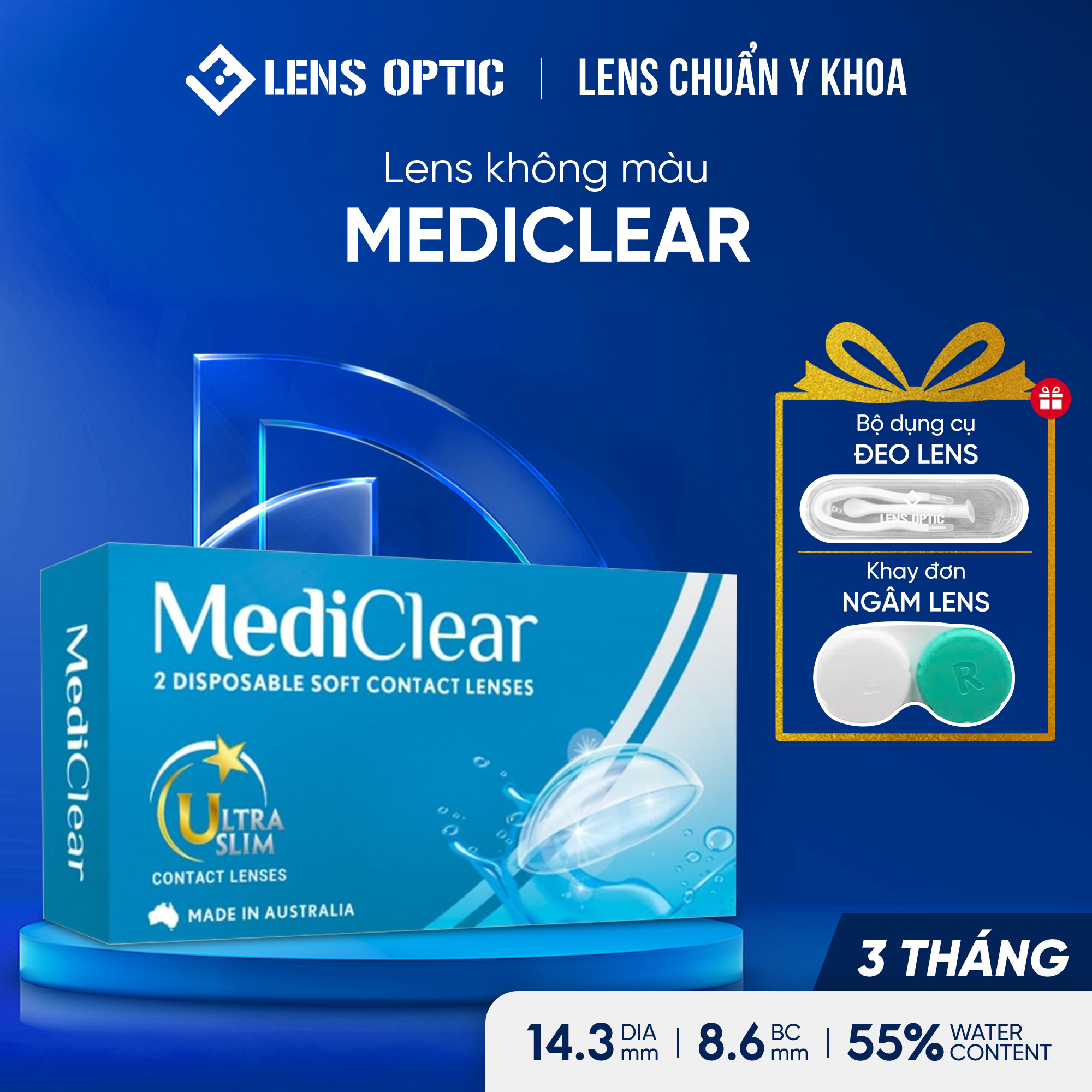 Kính Áp Tròng Trong Suốt Mediclear Úc dùng 3 Tháng - Chất Lượng Y Tế