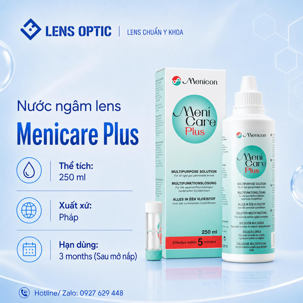 Nước ngâm lens cứng Menicare Plus 250ml - Vệ Sinh Và Khử Trùng dành kính áp tròng Ortho K