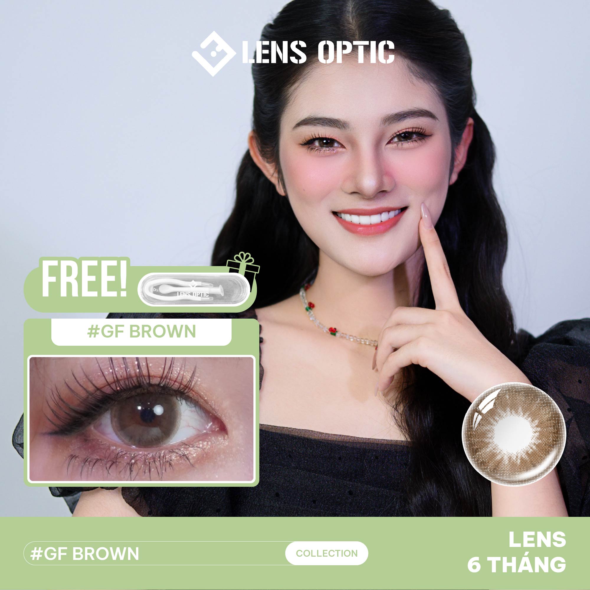 Kính áp tròng 6 tháng màu GF Brown giãn tròng 14.2mm