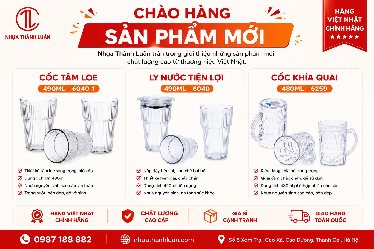 Bộ 3 Mẫu Cốc Uống Nước Việt Nhật Mới Nhất 2026 – Thiết Kế Đẹp, Giá Tốt, Dễ Bán Tại Nhựa Thành Luân
