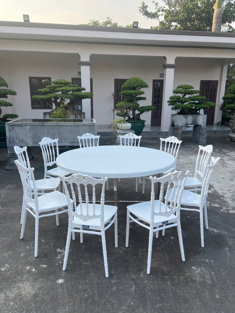bàn nhựa tròn 150 cm chân rời inox