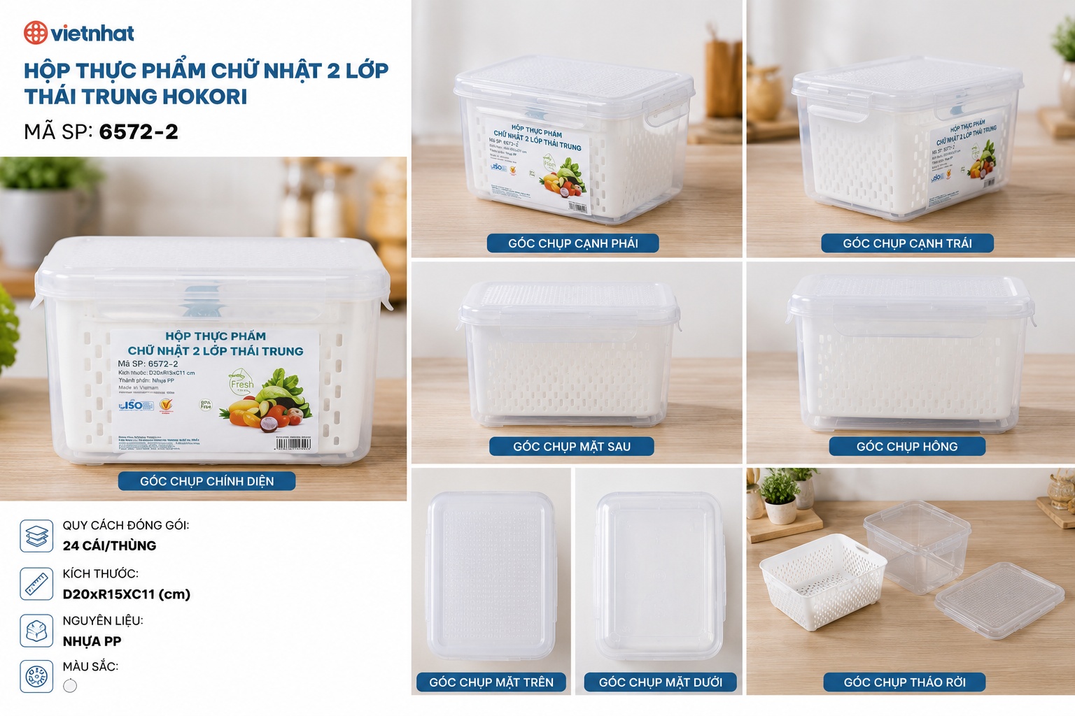 HỘP THỰC PHẨM CHỮ NHẬT 2 LỚP THÁI BỘ 3 HOKORI 6572