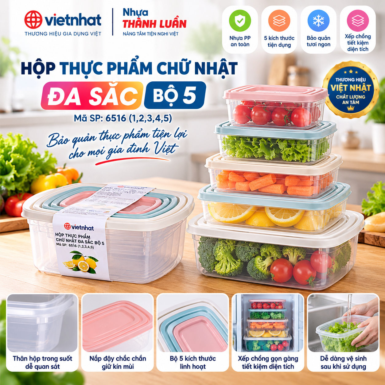 HỘP THỰC PHẨM CHỮ NHẬT ĐA SẮC BỘ 5 -6516 (1,2,3,4,5,6)