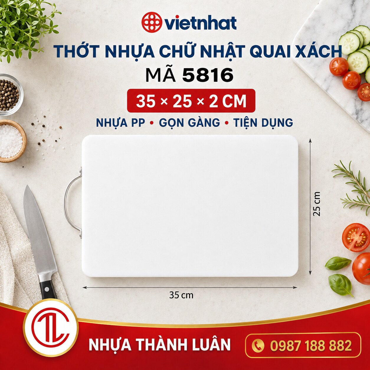 THỚT NHỰA CHỮ NHẬT QUAI QUAI XÁCH 35X25X2 CM 5816