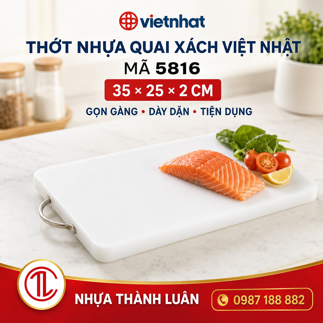 THỚT NHỰA CHỮ NHẬT QUAI QUAI XÁCH 35X25X2 CM 5816