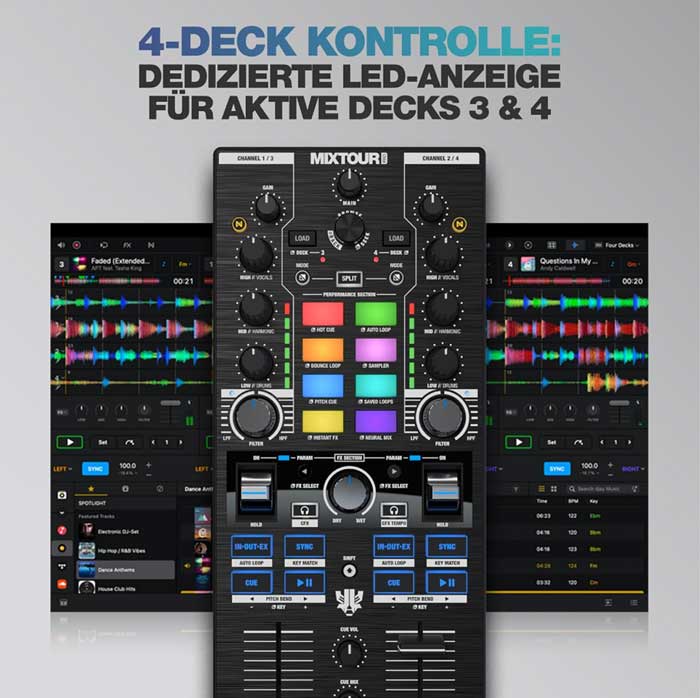 Bàn DJ Mixer Reloop Mixtour Pro Nhỏ Gọn dễ dàng kết nối và sử dụng với các phần mềm âm thanh 