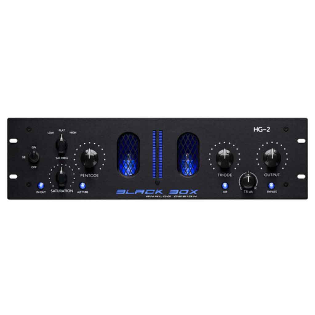 Black Box Analog Design HG-2 Stereo Analog hình đang được chụp miêu tả chi tiết mặt trước của sản phẩm với thiết kết có tông màu đen chủ đạo 