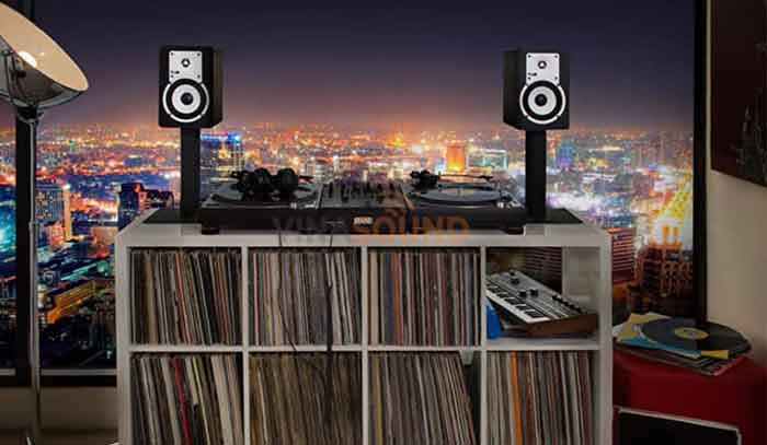Loa kiểm âm Active Fluid Audio C5 - 5 Inch trong hình đang mô tả một cặp loa c5 đang được trưng trên kệ loa và đặt lên kệ sách 