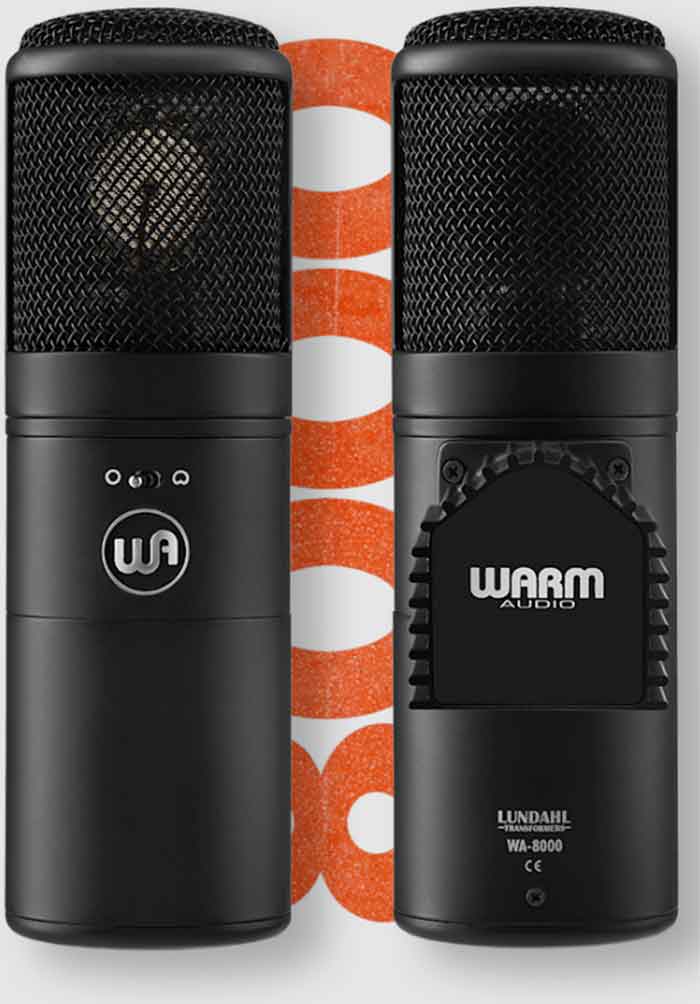 Micro Thu Âm Warm Audio WA-8000 Tube Condenser hình đang mô tả mặt trước và sau của sàn phẩm 