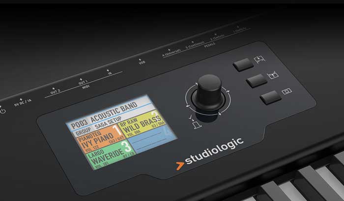 Với núm vặn và màn hình cảm ứng hiện đại MIdi Controller Studiologic SL88 Studio là thiết bị lí tưởng với các nhạc sĩ