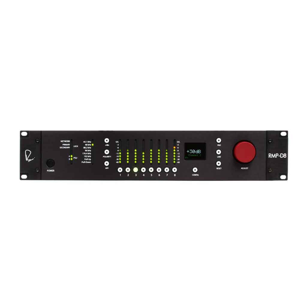 Rupert Neve Designs RMP-D8 hình đang được chụp miêu tả Rupert Neve Designs RMP-D8, một thiết bị 8 kênh preamp micro cao cấp chuẩn Dante