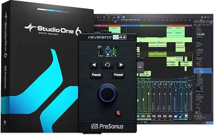 Sound Card PreSonus Revelator io44 đang được cạnh hộp và phầm mềm