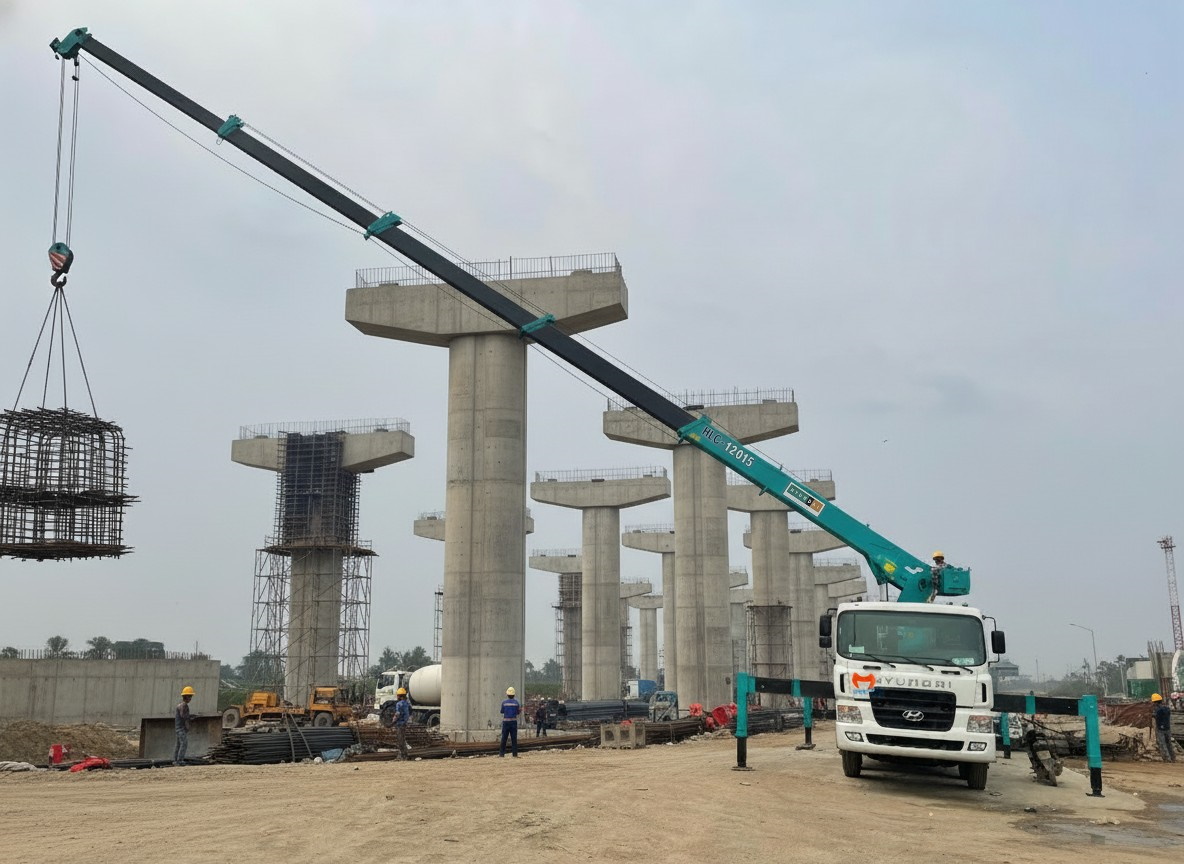 Hyundai HD320 4 chân gắn cẩu Hyundai Everdgim 12 tấn