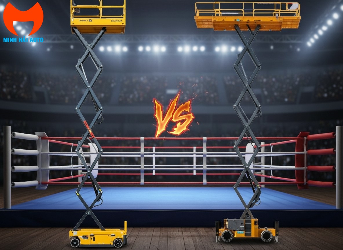Giá bán xe nâng người cắt kéo- Xe cắt kéo chạy điện Vs chạy dầu diesel