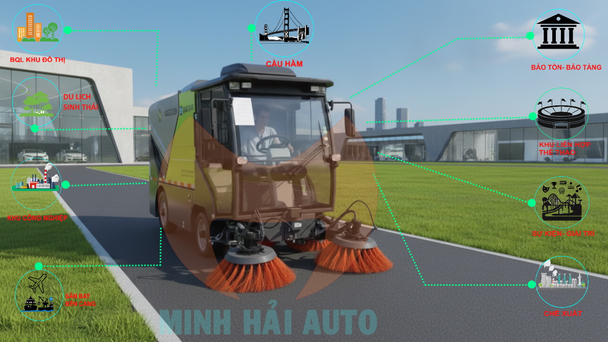 Ứng dụng Xe quét đường hút bụi rác 1 khối chạy điện