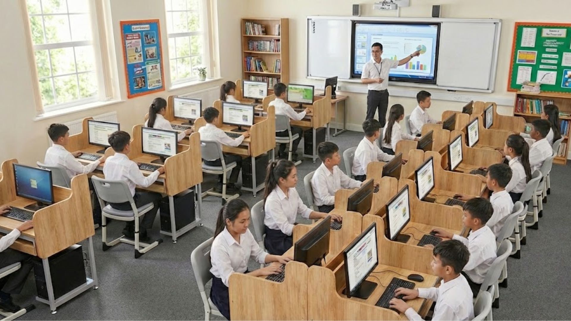 Bàn vi tính 2 chỗ ngồi ghế công thái học S-study ergonomic chống gù