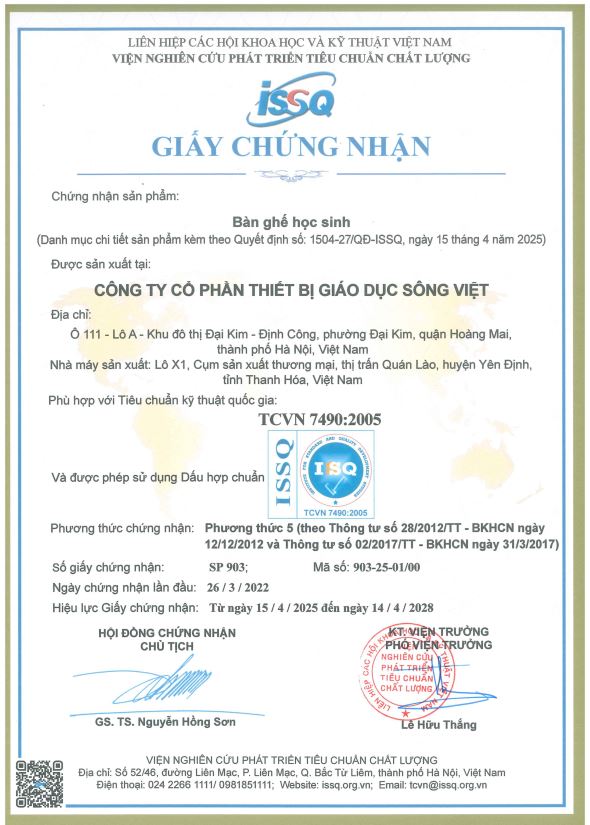 ISO 7490-2005 Chứng nhận sản phẩm Bàn ghế học sinh