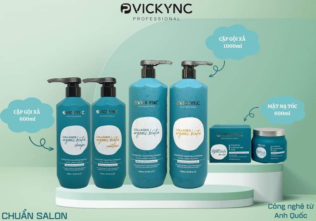 Cặp Dầu Gội Xả Collagen Organic Biotin Pvickync 1000ml - cung cấp dưỡng chất, phục hồi tóc hư  tổn. Giúp mái tóc chắc khỏe, bóng mượt. Kháng khuẩn, ức chế sự phát triển của gàu, nấm da dầu, ngứa. Ngăn tóc gãy rụng, kích thích mọc tóc. Mùi hương quyến rũ