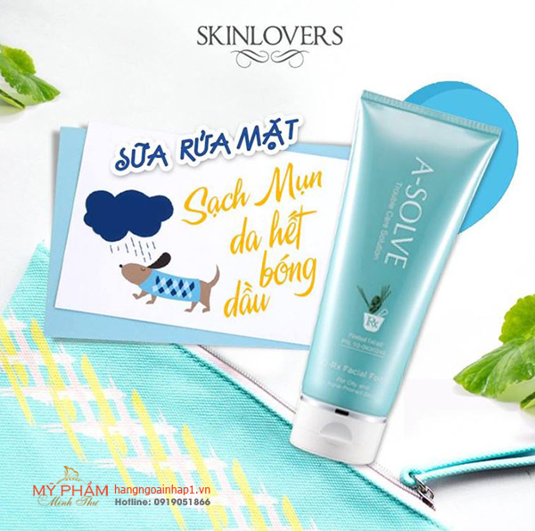 Sữa rửa mặt cho da dầu và da mụn Skinlovers A- Solve  Được chiết xuất từ cây ngưu bàng và búp cây Willow với các thành phần kháng khuẩn đặc biệt, Sữa rửa mặt cho da dầu và da mụn Skinlovers A- Solve sẽ giúp tẩy sạch mọi cặn bã và tế bào chết trên da.