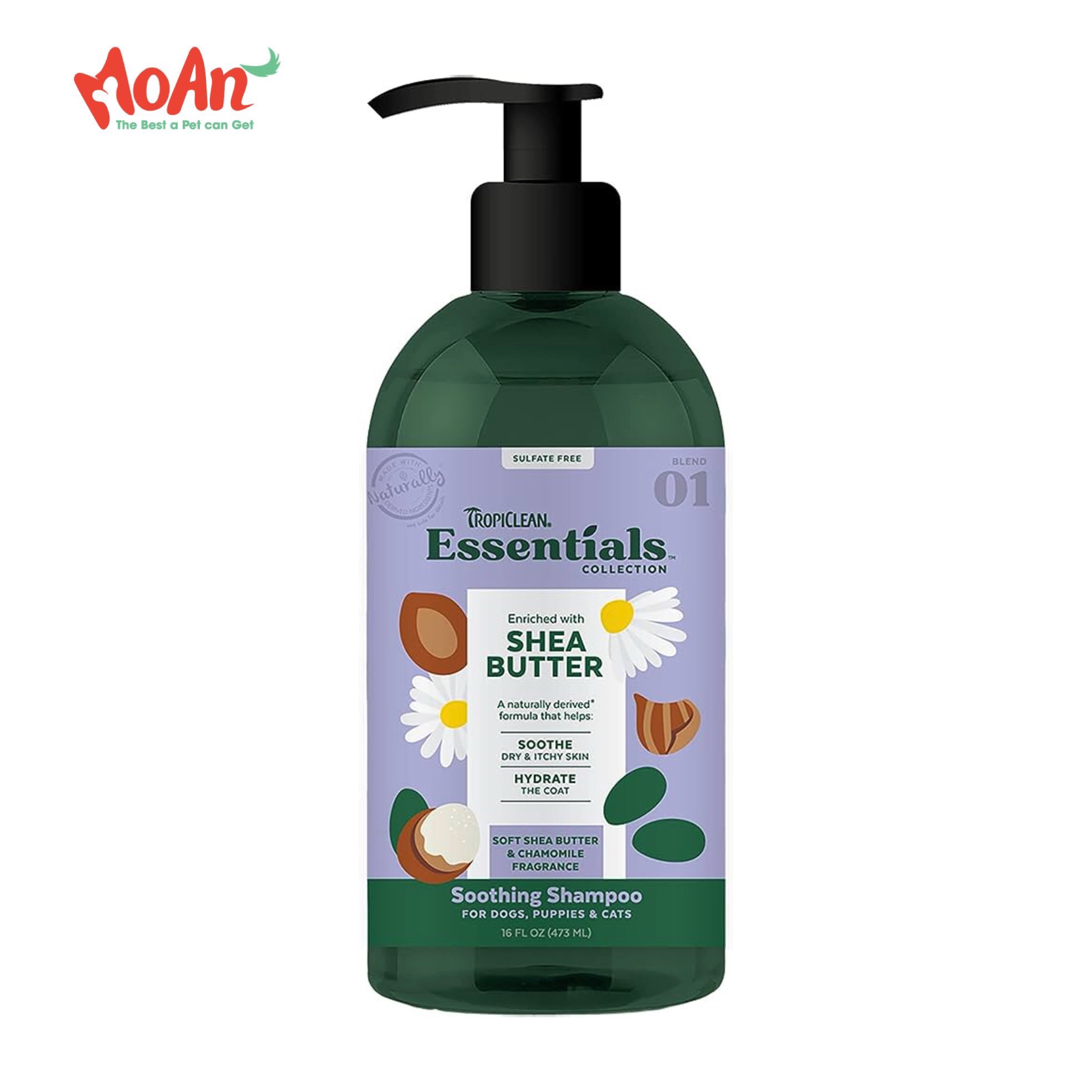 Sữa Tắm Gội TROPICLEAN Essentials Mỹ Shea Butter Shampoo [Bơ Hạt Mỡ Dưỡng Da & Cam Cúc] 473ml