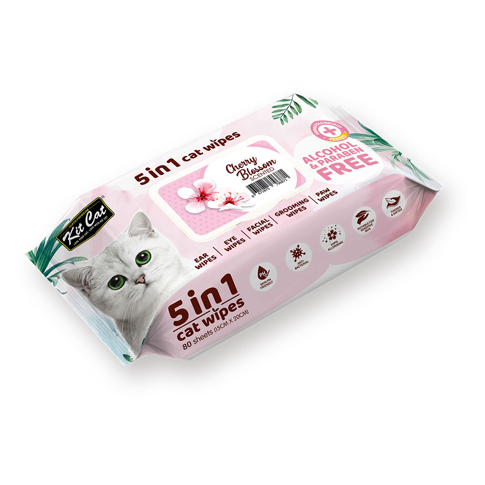 Khăn giấy ướt diệt khuẩn khử mùi cho Mèo KitCat 5 in 1 Cat Wipes [Cherry Blossom Hoa Anh Đào] 80 miếng