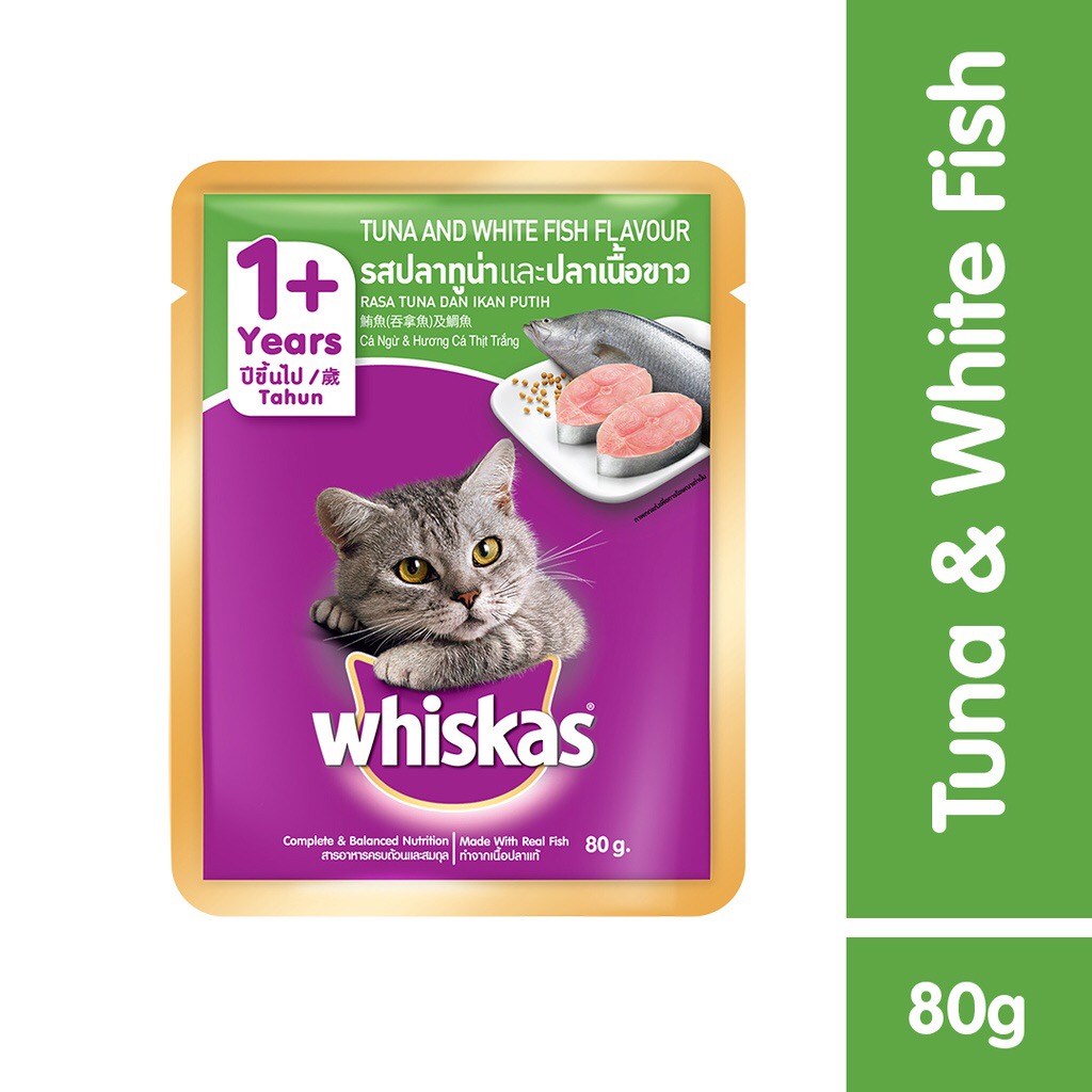 Pate Whiskas dạng sốt Cá Ngừ & Cá Thịt Trắng 80g