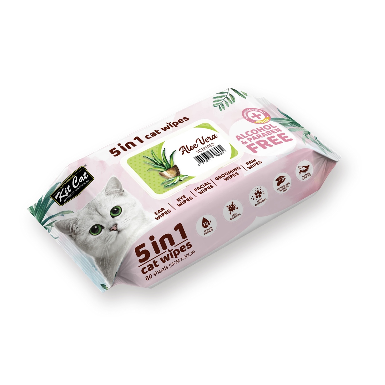 Khăn giấy ướt diệt khuẩn khử mùi cho Mèo KitCat 5 in 1 Cat Wipes [Aloe Vera Nha Đam] 80 miếng