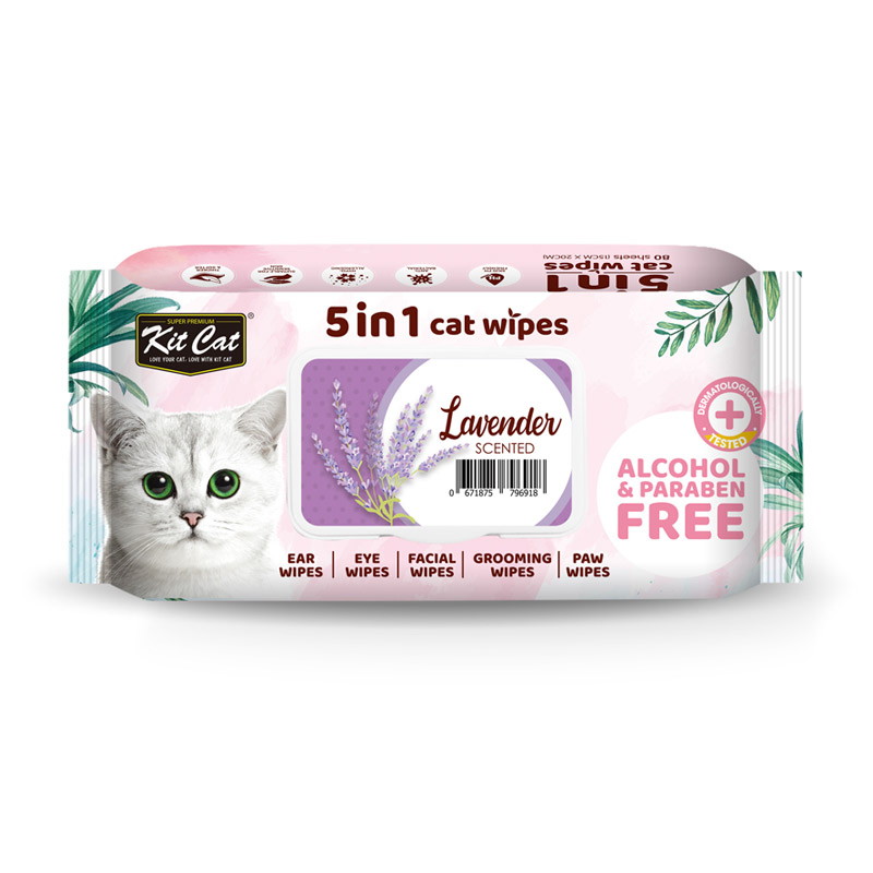 Khăn giấy ướt diệt khuẩn khử mùi cho Mèo KitCat 5 in 1 Cat Wipes [Lavender] 80 miếng