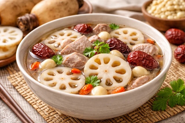 Canh củ sen hầm hạt sen, táo đỏ và thịt nạc giúp bổ tâm tỳ, dưỡng huyết, hỗ trợ ngủ sâu hơn.