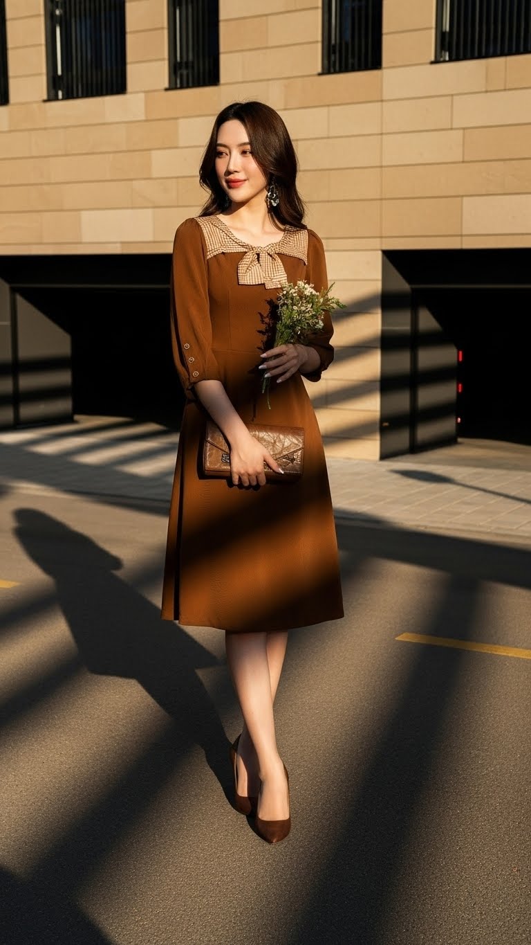 Đầm umi hàn phối lụa TraLi 25218 màu Nâu