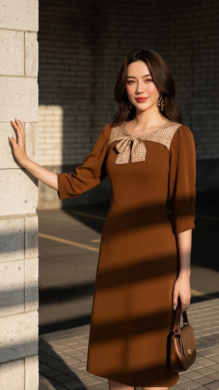 Đầm umi hàn phối lụa TraLi 25218 màu Nâu