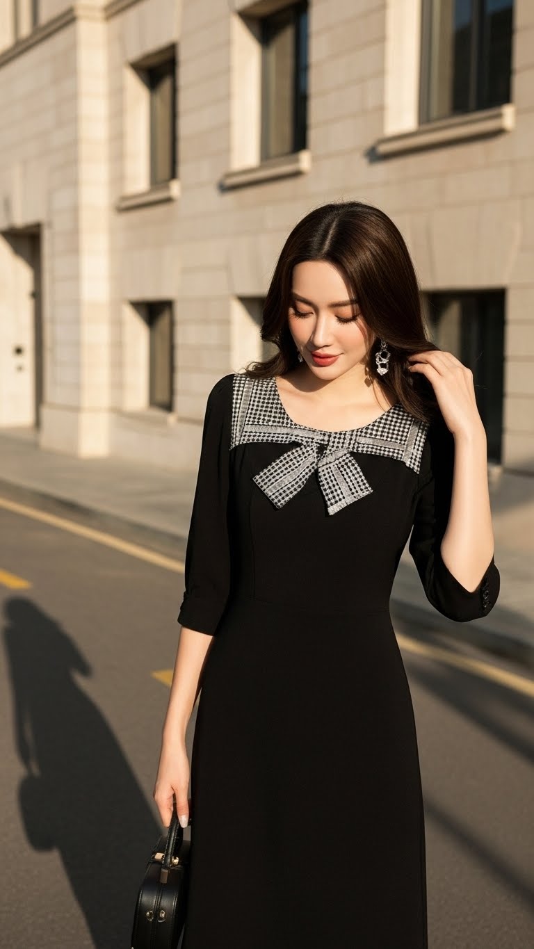 Đầm umi hàn phối lụa TraLi 25218 màu Đen