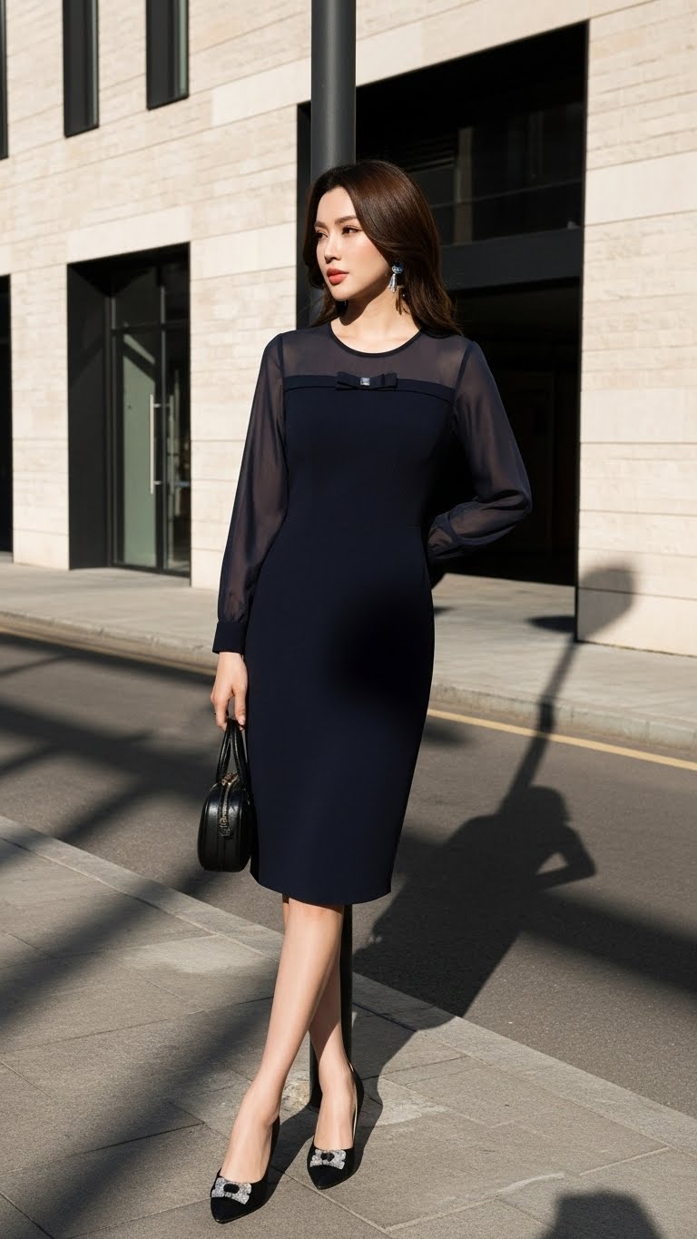 Đầm Tuytsi phối chiffon TRALI 25219 xanh than