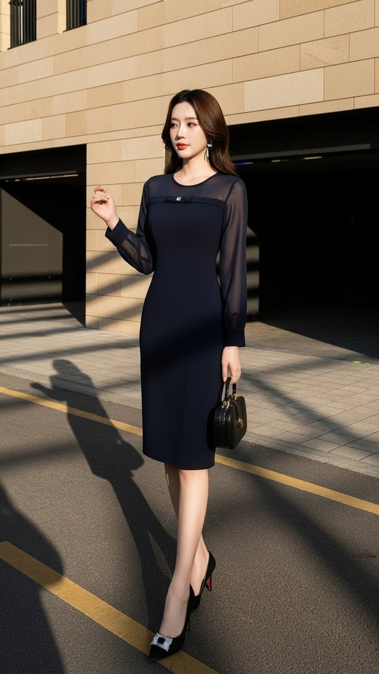 Đầm Tuytsi phối chiffon TRALI 25219 xanh than