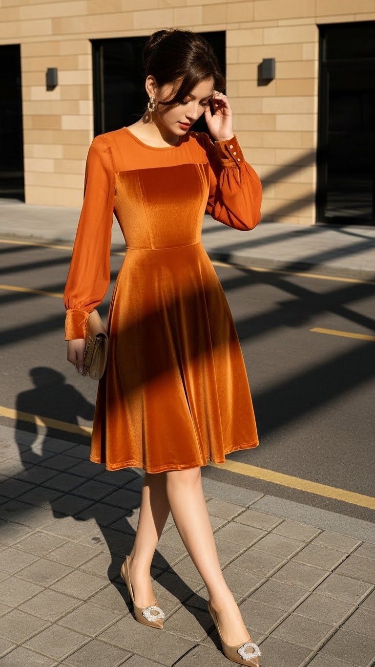 Đầm nhung phối tơ TRALI 25221 màu Cam