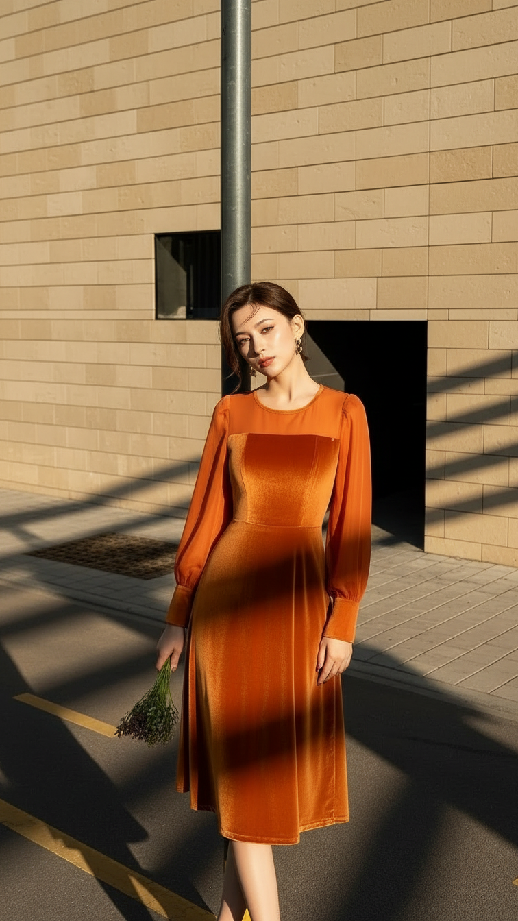 Đầm nhung phối tơ TRALI 25221 màu Cam