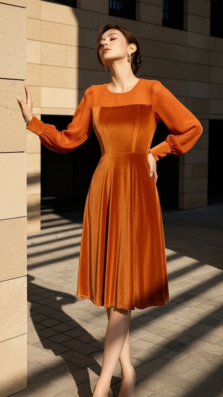 Đầm nhung phối tơ TRALI 25221 màu Cam