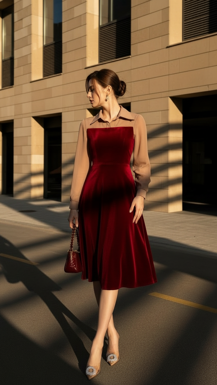 Đầm nhung hàn đỏ phối lụa Trali 25222 màu Nâu