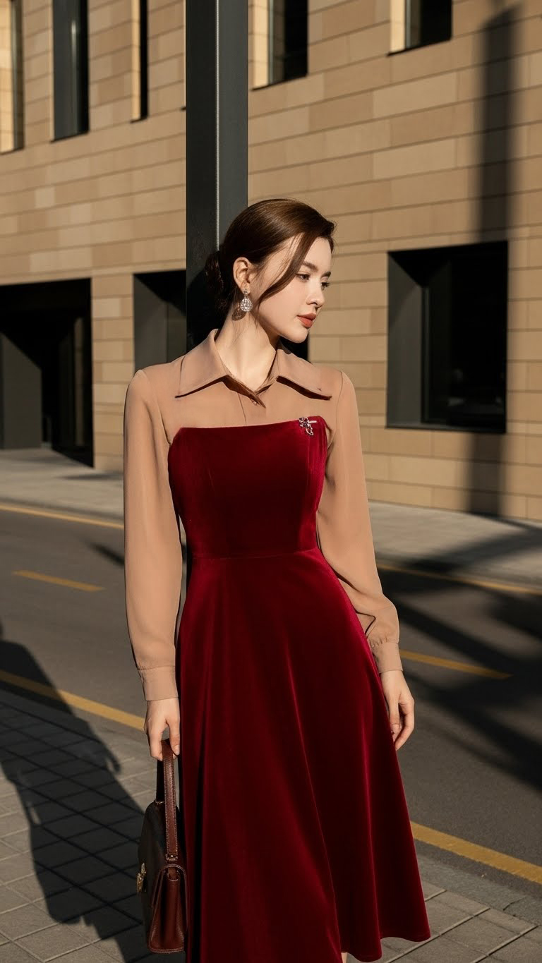 Đầm nhung hàn đỏ phối lụa Trali 25222 màu Nâu