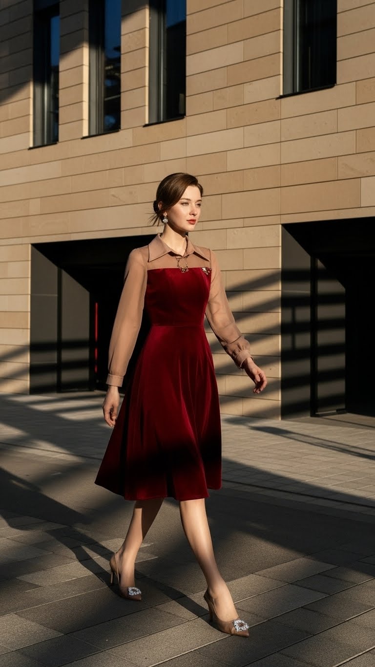 Đầm nhung hàn đỏ phối lụa Trali 25222 màu Nâu