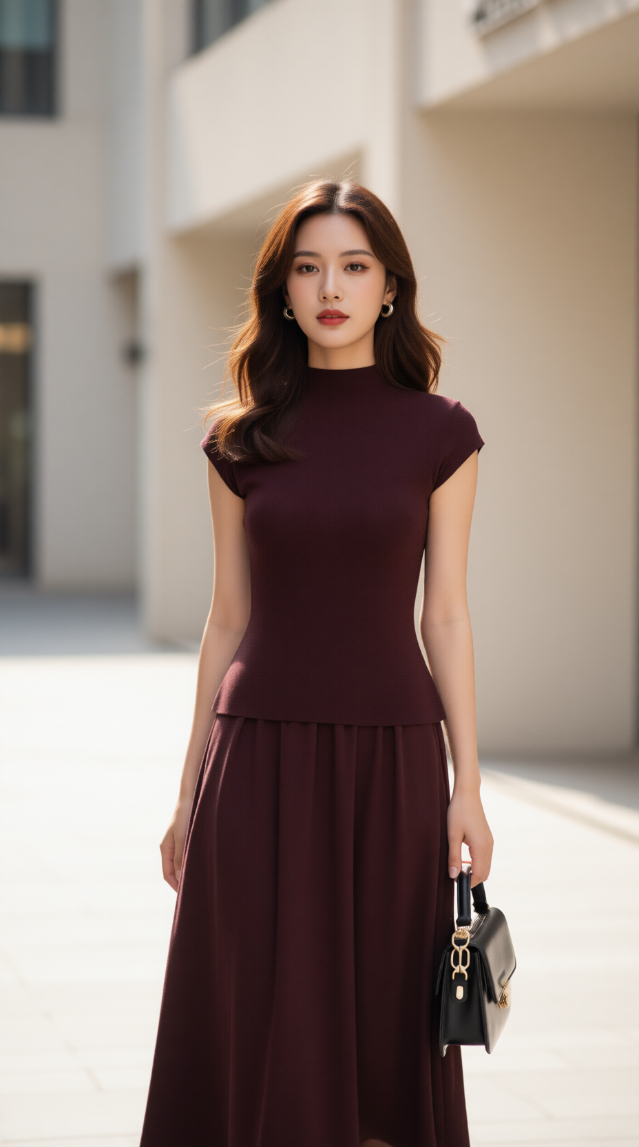 Bộ váy len RALI 25510 màu đỏ mận