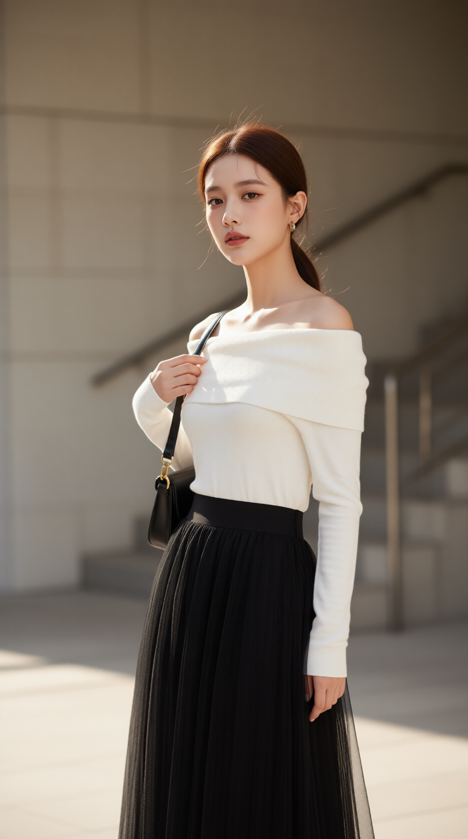 Áo len trễ vai 25608 Kem